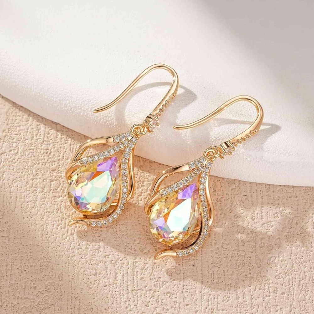 14K Yellow Gold Champagne Topaz AB Austrian Crystal Twisted Teardrop Earrings - Picture 2 of 5